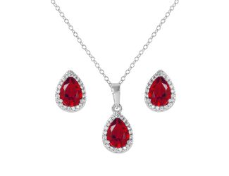 PARIKHS Rhodium Plated Pear Shapped Ruby July Birthstone Set in 925 Sterling Silver