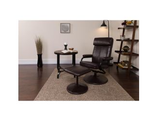 Multi-Position Headrest Recliner &Ottoman w/Wrapped Base in Brown LeatherSoft
