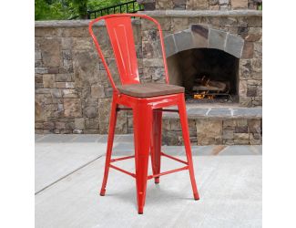 24" High Red Metal Counter Height Stool with Back and Wood Seat