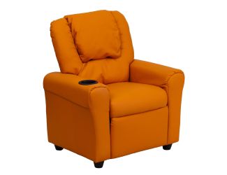 Contemporary Orange Vinyl Kids Recliner with Cup Holder and Headrest