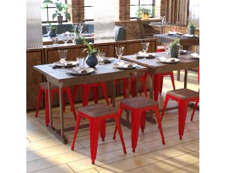 Set of 4 Red 18" Table Height Indoor Stackable Metal Stool with Wood Seat