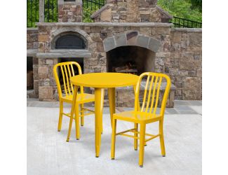 30" Round Yellow Metal Indoor-Outdoor Table Set with 2 Vertical Slat Back Chairs
