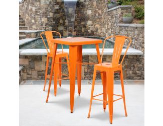 23.75" Square Orange Metal Indoor-Outdoor Bar Table Set w/ 2 Stools with Backs