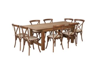 7' x 40" Rustic Folding Farm Table Set with 8 Cross Back Chairs and Cushions