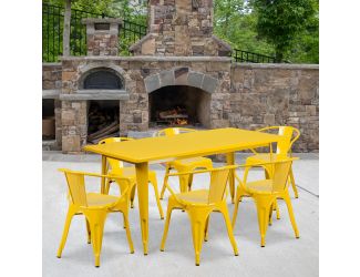 31.5" x 63" Rectangular Yellow Metal Indoor-Outdoor Table Set with 6 Arm Chairs