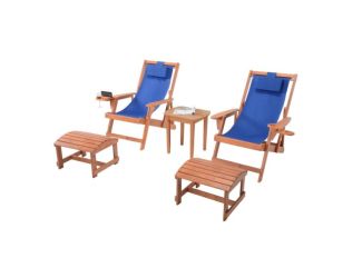Romantic Collection - 2 Canvas Sling Chairs w/Beverage Holder, 2 Ottoman, & 1 End Table - Walnt, Blu