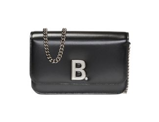 Balenciaga Black Calfskin Leather Silver Logo Chain Wallet Bag