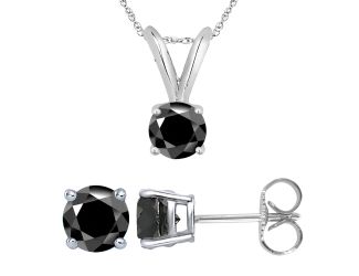 PARIKHS Black Round AA Quality Diamond Pendant-Earring Set in White Gold over Sterling Silver,0.50ct
