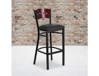 Black 4 Square Back Metal Barstool - Mahogany Wood Back, Black Vinyl Seat