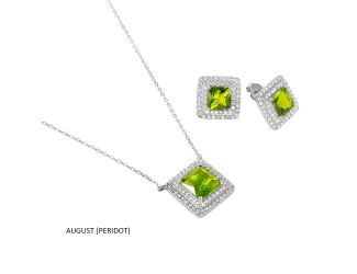PARIKHS Rhodium Plated Square Peridot and CZ Cluster August Birthstone Set in 925 Sterling Silver