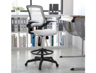 Mid-Back White Mesh Ergonomic Drafting Chair with Foot Ring and Flip-Up Arms