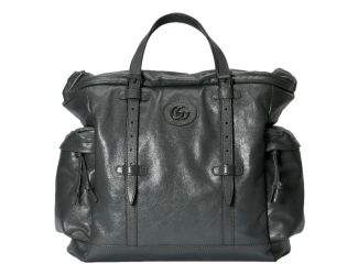 Gucci Gray Leather Drawstring Tote Bag With Tonal Double G Logo