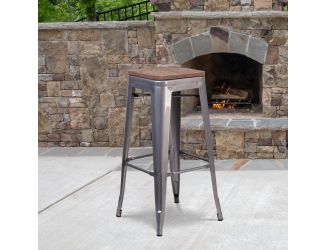 30" High Backless Clear Coated Metal Barstool with Square Wood Seat