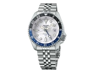 Men's Seiko 5 Sports SKX GMT Silver Stainless Steel Watch Silver Dial