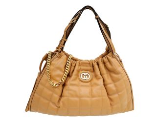 Gucci Deco Fringe Medium Leather Tote Bag Camelia Beige