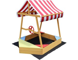 Children's Wooden Sand Box Boat with Red and White Striped Canopy, Wheel, and Bottom Liner