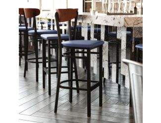 Commercial Metal Barstool with Vinyl Seat and Wood Boomerang Back-Blue/Walnut