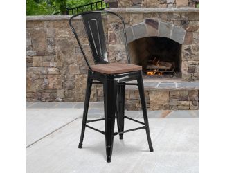 24" High Black Metal Counter Height Stool with Back and Wood Seat