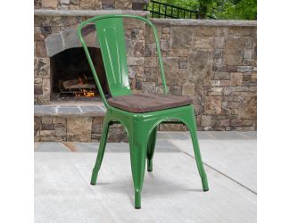 Green Metal Stackable Chair with Wood Seat - Restaurant Chair - Bistro Chair