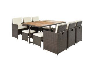 11-Piece Rattan Wicker Patio Dining Table Set - Brown Rattan w/Beige Cushions