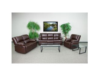 Contemporary Brown LeatherSoft Plush Pillow Back Reclining Sofa Set-Padded Arms