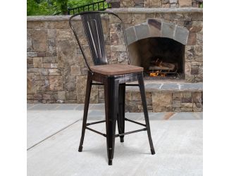 24" High Black-Antique Gold Metal Counter Height Stool with Back and Wood Seat