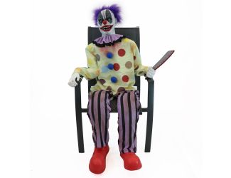 Motion-Activated Thrashing Clown with a Meat Cleaver by Tekky, Sitting Premium Halloween Animatronic
