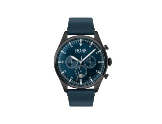 Mens Pioneer Black & Dark Blue Leather Strap Watch Dark Blue Dial