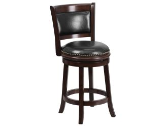 24" High Cappuccino Wood Stool with Panel Back and Black LeatherSoft Swivel Seat
