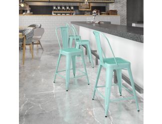 24" High Mint Green Metal Indoor-Outdoor Counter Height Stool with Back