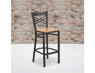 Black "X" Back Metal Restaurant Barstool - Natural Wood Seat