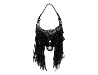 Versace Repeat Fringe La Medusa Mini Hobo Shoulder Bag Black Leather
