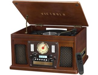 8-in-1 Bluetooth Record Player & Multimedia Center, Built-in Stereo Speakers - Turntable, Espresso