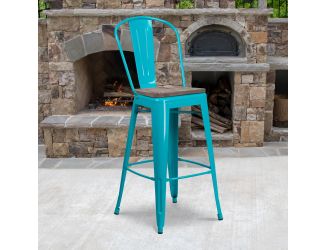 30" High Crystal Teal-Blue Metal Barstool with Back and Wood Seat