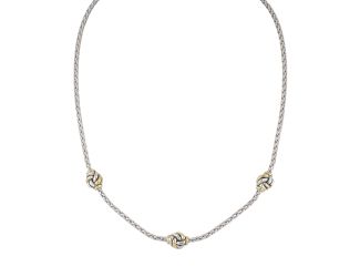 Infinity Love Knot 3 Station Necklace. Rhodium chain, two tone love knots. 16" Long