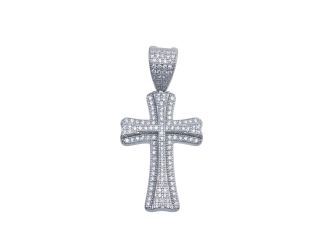 PARIKHS Men's Rhodium Plated Small Double Cross CZ Hip Hop Pendant with chain in 925 Sterling Silver