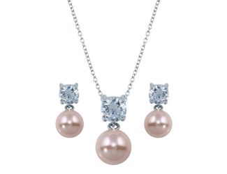 PARIKHS Rhodium Plated Pink Pearl Necklace-Dangling Earring Set in 925 Sterling Silver