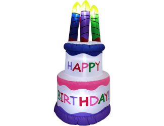 5-Ft. Tall Happy Birthday 2-Tier Cake with 4 Faux Candles, Outdoor Blow-Up Inflatable with Lights, W