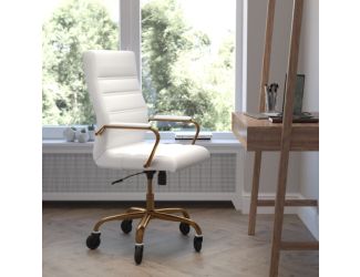 Executive Chair with Gold Frame & Arms on Skate Wheels - White LeatherSoft