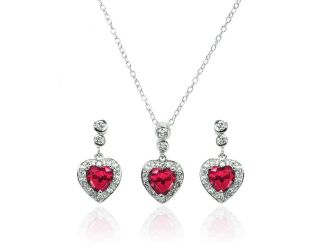 PARIKHS Rhodium Plated Clear and Red Heart CZ Necklace-Earring Set in 925 Sterling Silver