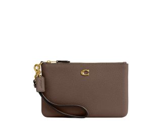 Polished Pebble Leather Small Wristlet - Dark Stone/Brass