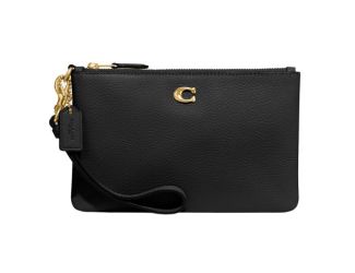 Polished Pebble Leather Small Wristlet - Black/Brass
