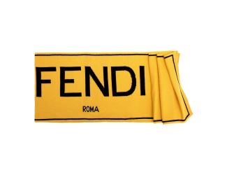 Fendi Roma Knitted Wool & Cashmere Yellow Black Logo Scarf