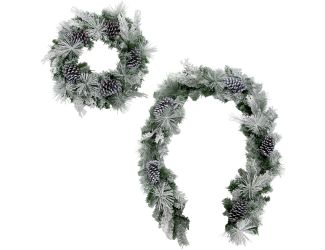 24-in. Wreath and 6-ft. Garland Set with Snow Flocking and Pinecones
