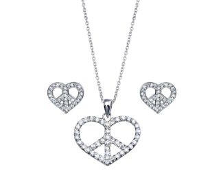 PARIKHS Rhodium Plated Open Heart Peace Sign CZ Necklace-Stud Earring Set in 925 Sterling Silver