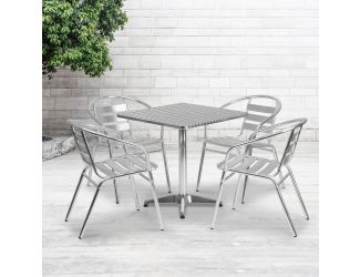 27.5" Square Aluminum Indoor-Outdoor Table Set with 4 Slat Back Chairs