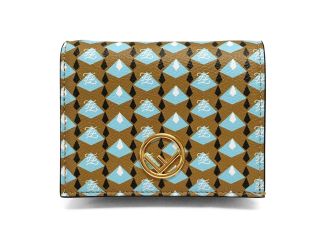 Fendi Calf Leather F Logo Blue Brown Small Bifold Wallet