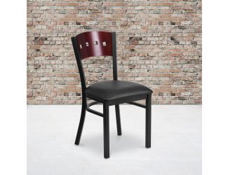 Black 4 SQ Back Metal Restaurant Chair - Mahogany Wood Back, Black Vinyl Seat