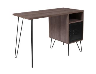 Rustic Wood Finish Computer Desk with Metal Cabinet Door and Black Metal Legs