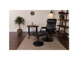 Multi-Position Headrest Recliner &Ottoman w/Wrapped Base in Black LeatherSoft